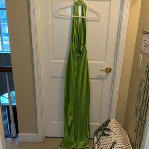 Neon Green Satin Halter Dress with Beaded Neckline
